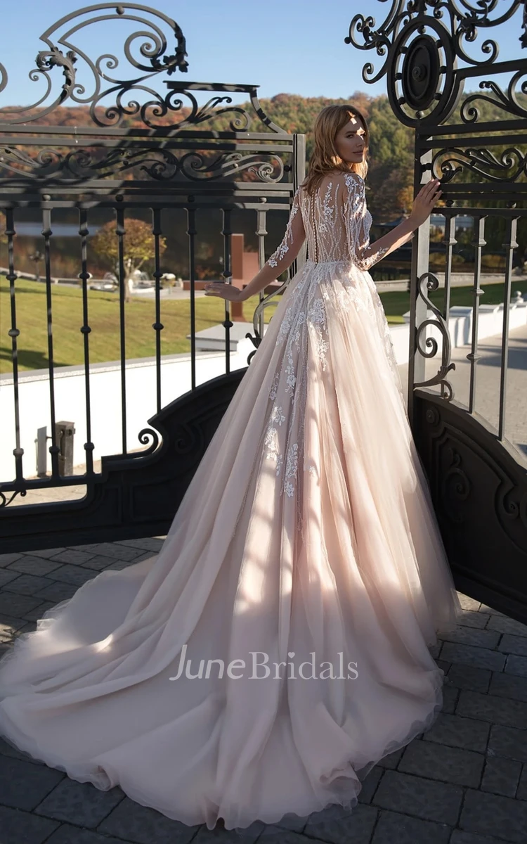 Simple Jewel Long Sleeve Brush Train Tulle Ball Gown Wedding Dress with Appliques