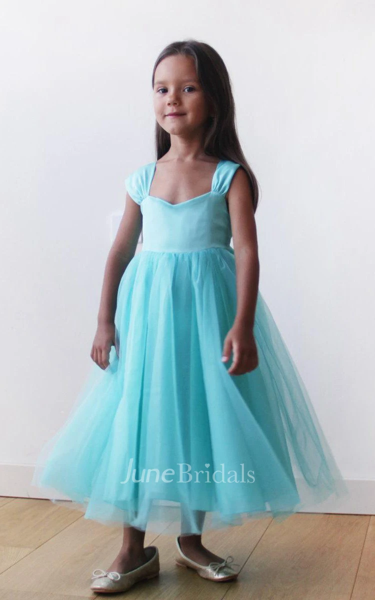 Cap Sleeve V-neck Pleated Tulle Dress With Bow