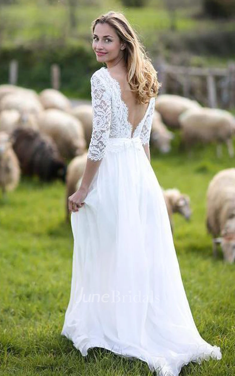A Line V-neck Chiffon Lace Floor-length 3/4 Length Sleeve Wedding Dress