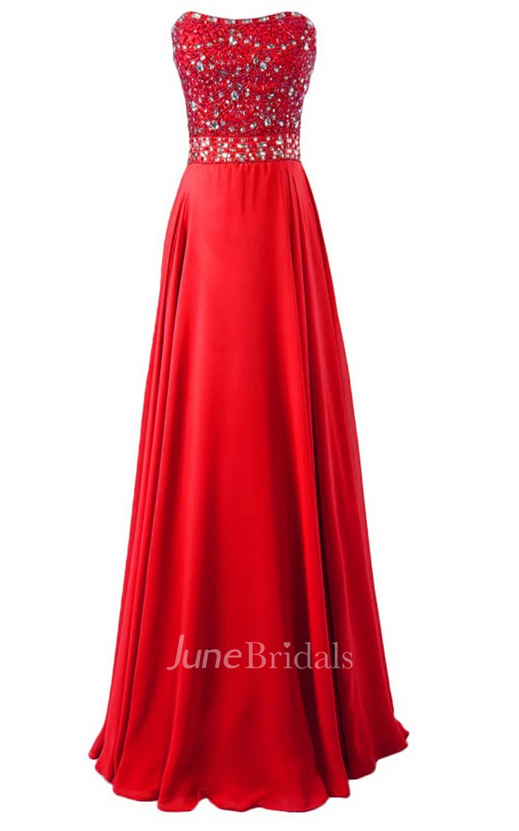 Strapless Long Satin Dress With Beaded Bodice