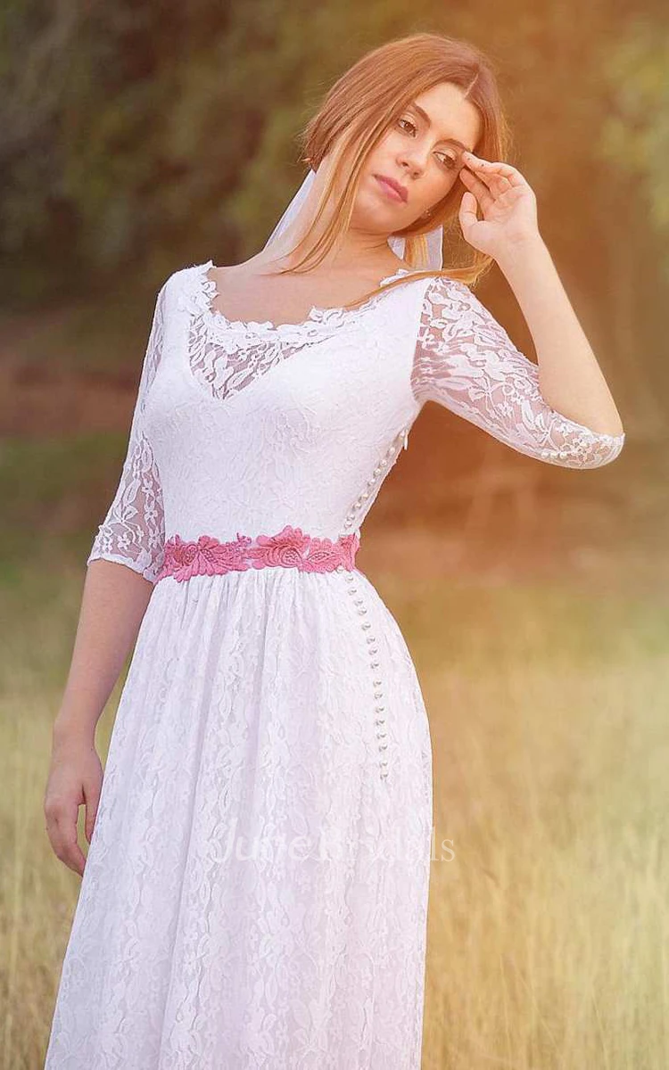 Boho Lace Sheath Floor-Length Wedding Dress With Illusion And Appliques