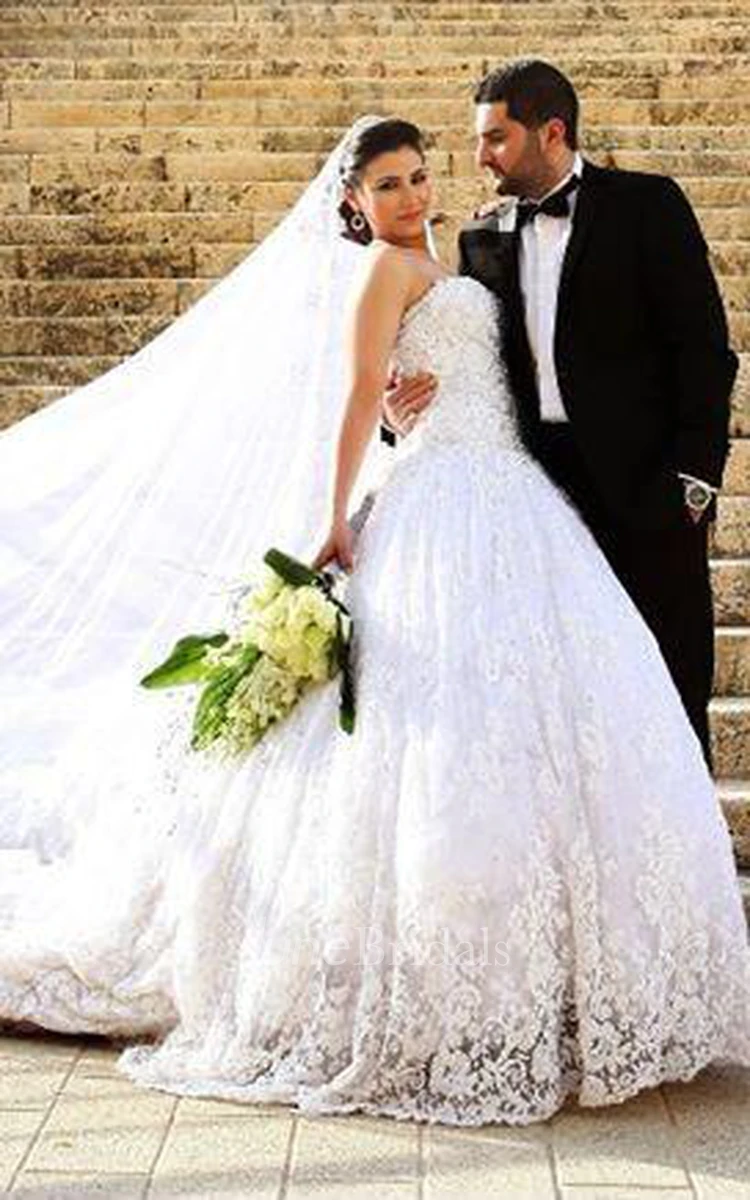 Delicate Sweetheart Lace Tulle Wedding Dress Ball Gown Beadings