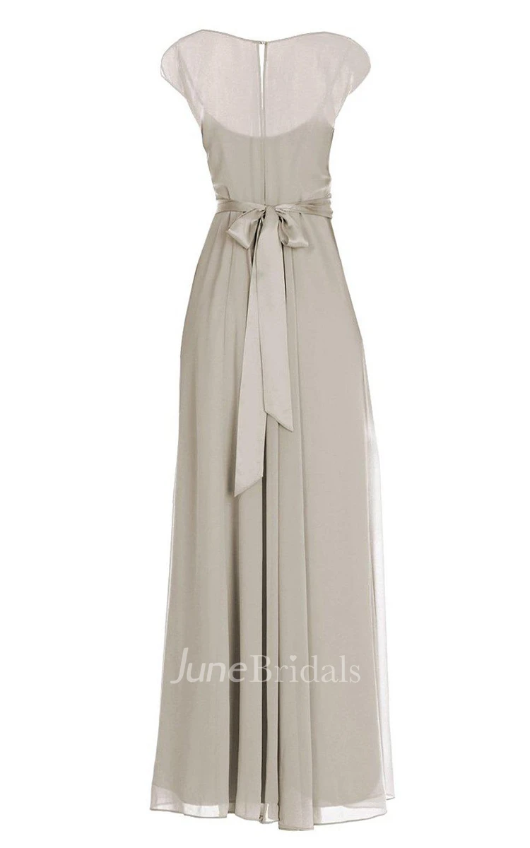 Cap-sleeved Chiffon Gown With Illusion Bodice and Bow