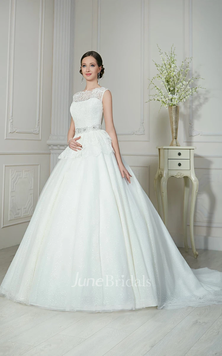 A-Line Floor-Length Bateau-Neck Sleeveless Illusion Tulle Dress With Sequins And Beading