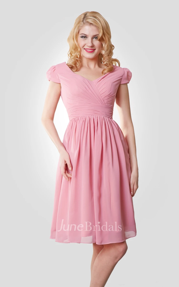 Knee Length A-Line Chiffon Dress With Cap Sleeves and Pleats