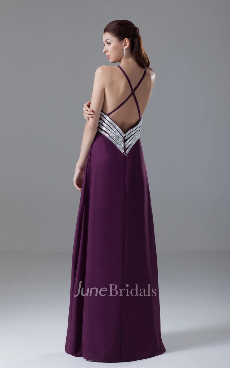 Spaghetti-Strap Chiffon Maxi Dress with Ruching and Gemmed Waist