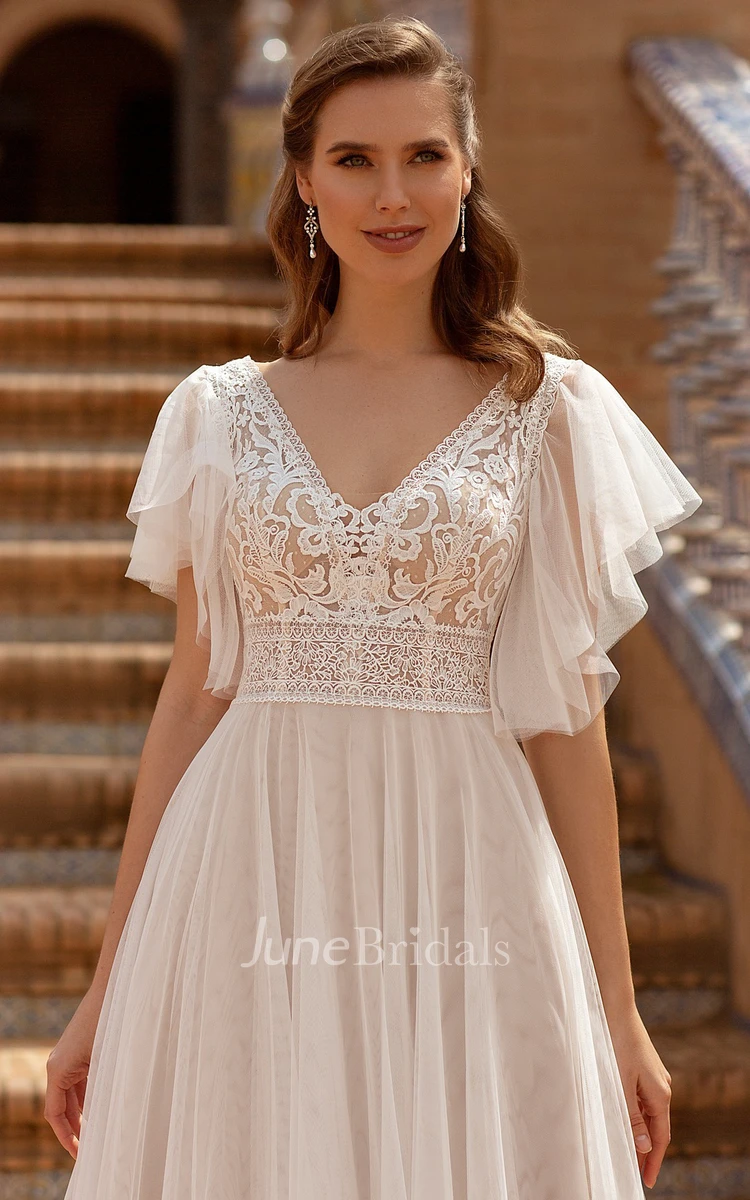 V-neck A-Line Romantic Lace Tulle Illusion Sleeve Wedding Dress with Court Train