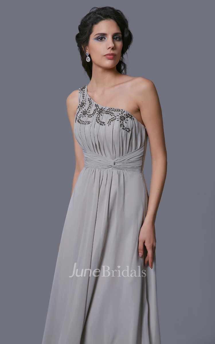 One-Shoulder A-Line Chiffon Dress With Pleats and Rhinestones