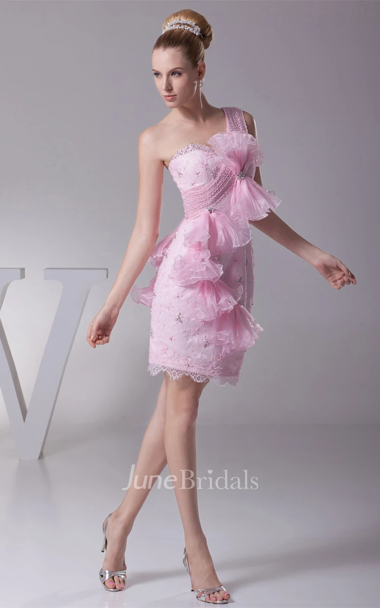 One-Shoulder Body-Fitting Short Dress with Beading and Flower