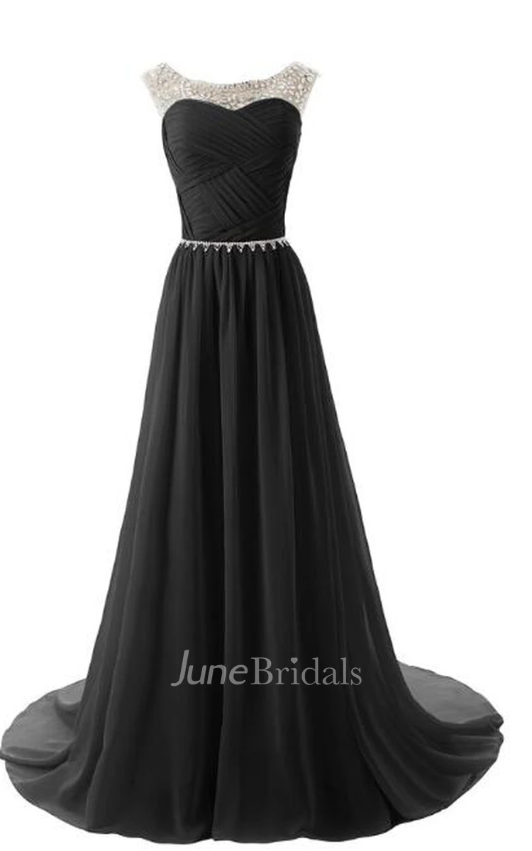 Elegant Scoop Long Ruching Chiffon Evening Dress With Crystals