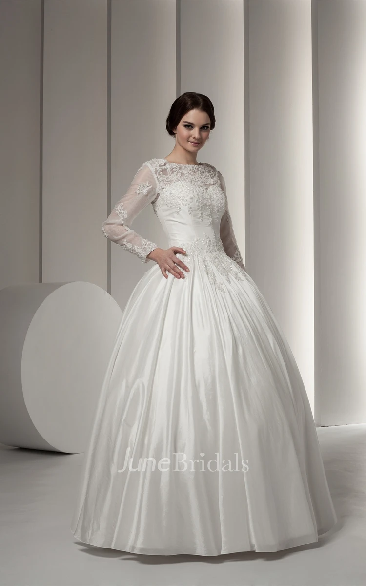 Bateau-Neck Long-Sleeve Ball Gown with Lace and Beading