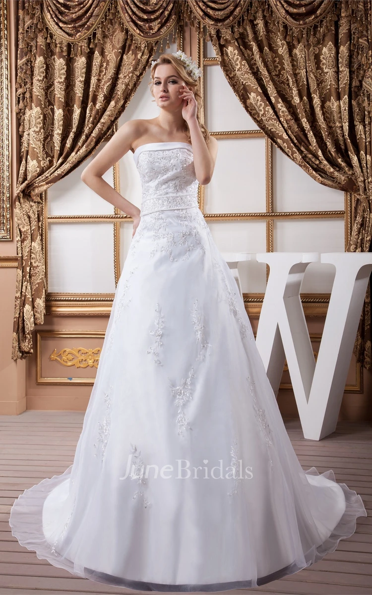 Strapless Lace A-Line Gown with Beading and Zipper Back