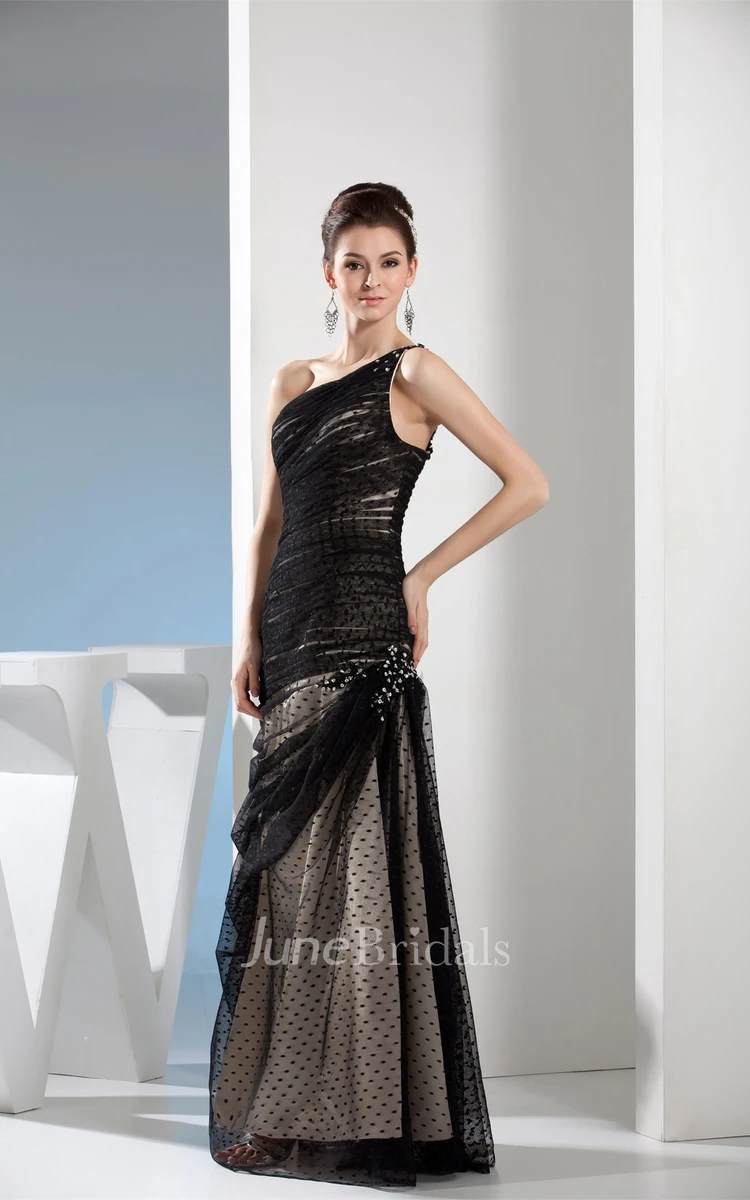 One-Shoulder Ruched Sheath Dress with Buckle and Beading