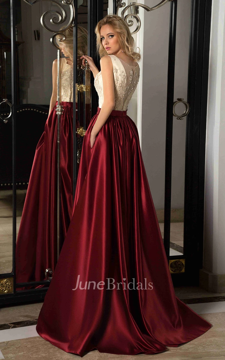 A-Line Lace Sleeveless Scoop Long Satin Prom Dress With Illusion Back And Beading
