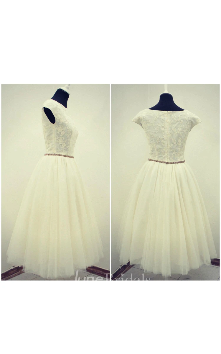 Jewel Cap Tea-Length Tulle Wedding Dress With Pleats And Sash