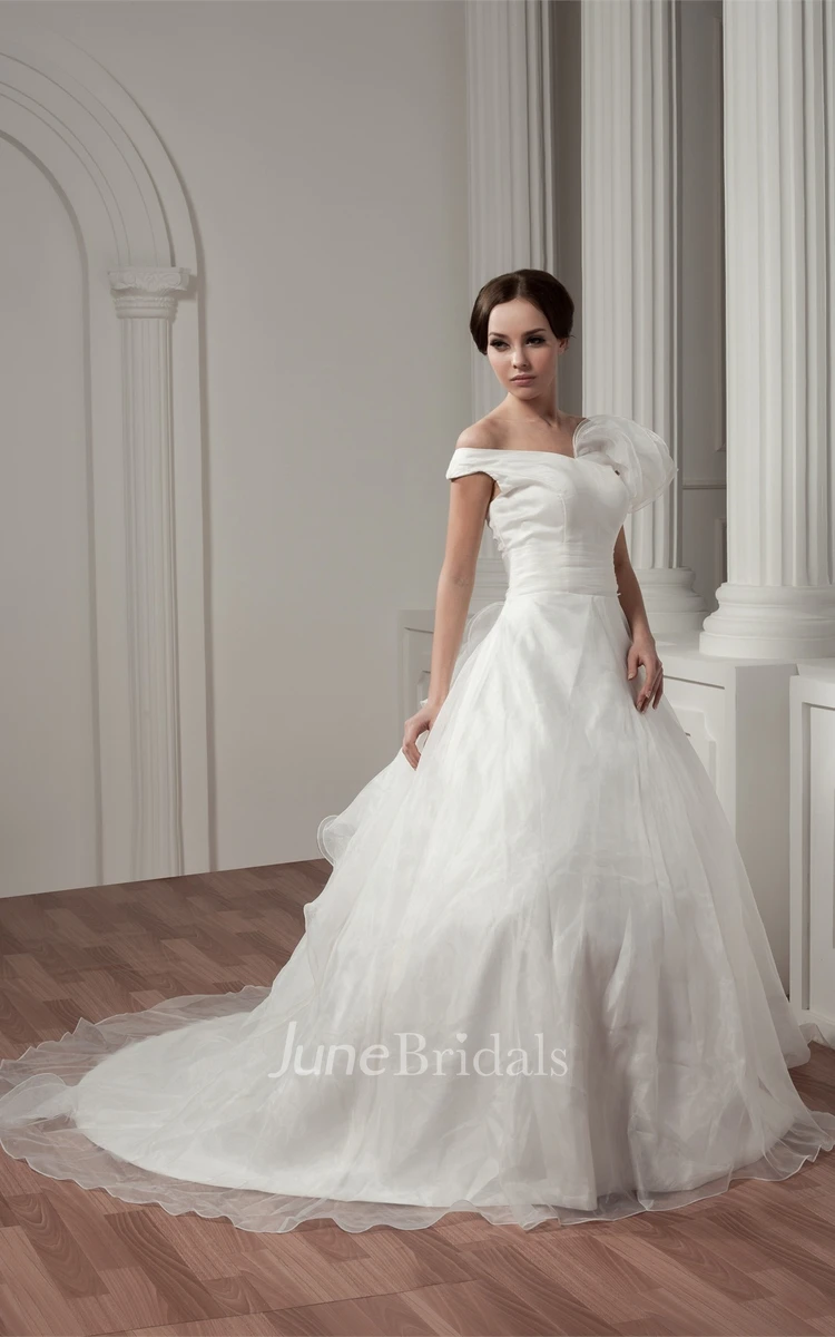 Off-The-Shoulder A-Line Ball Gown with Draping and Ruched Waist