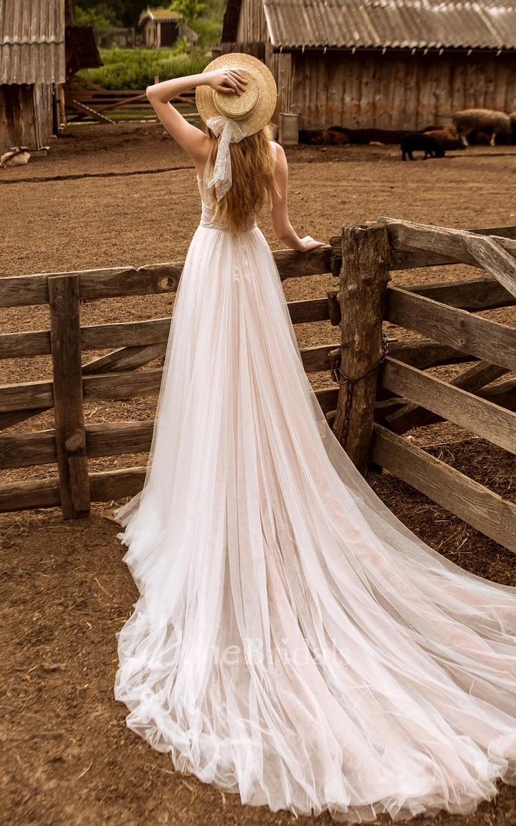 A-Line Casual Plunging Neckline Tulle Wedding Dress With Deep-V Back And Appliques