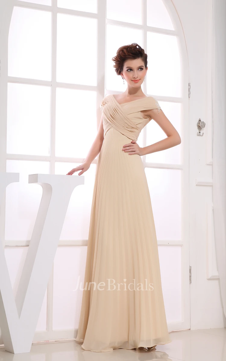 Chiffon Criss-Cross Ruched Floor-Length Dress With Pleats