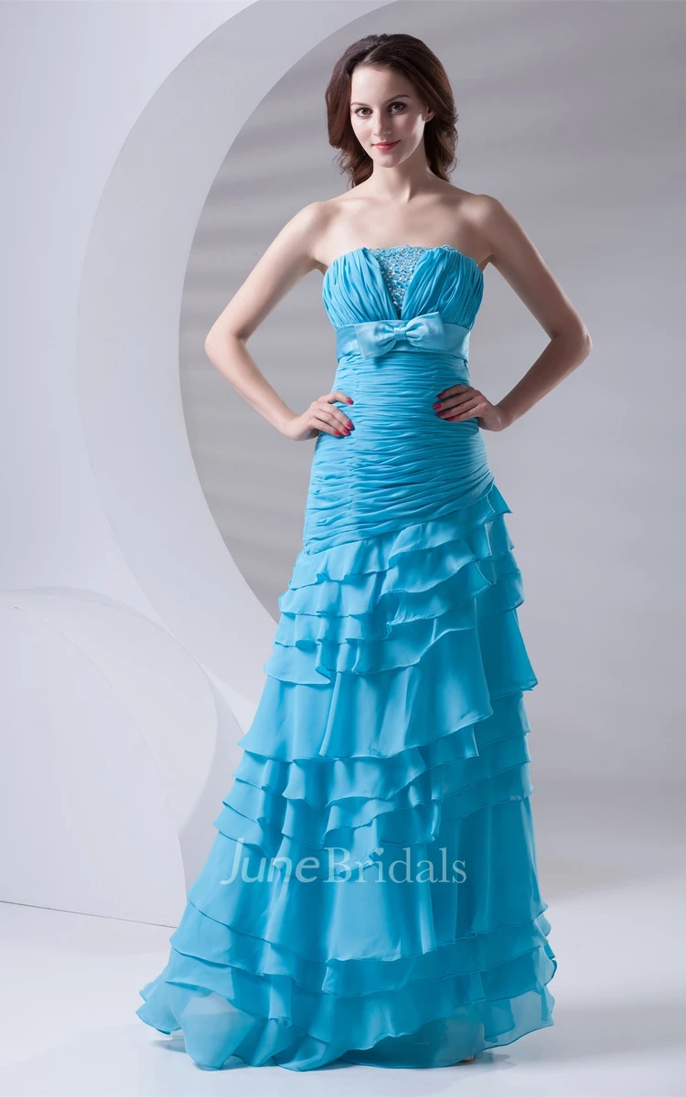 Chiffon Tiered Maxi Dress with Bow and Rhinestone