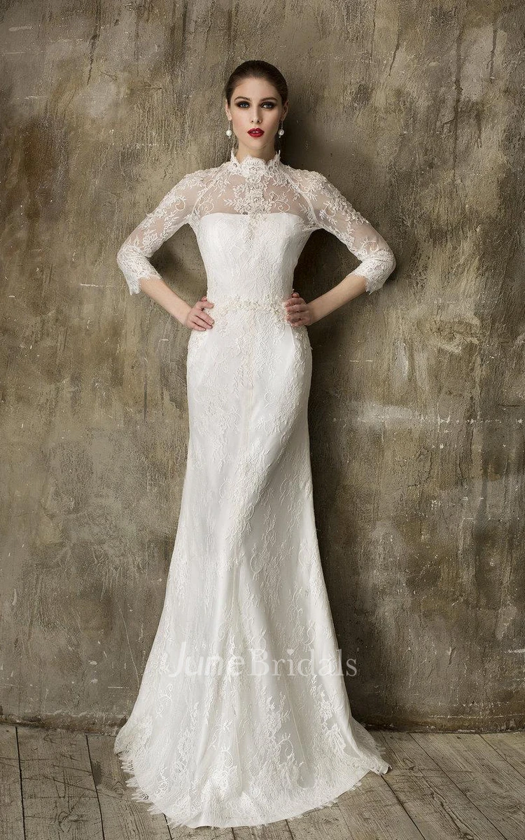 High Neck 3 4 Sleeve A-Line Tulle Wedding Dress With Detachable Tulle Skirt