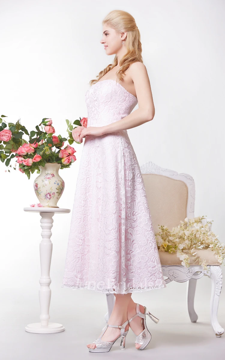 Graceful Strapless All-over A-line Lace Tea Length Dress