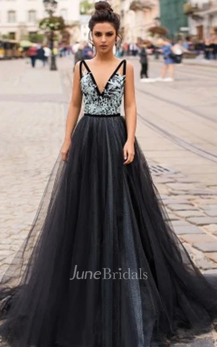 Modern V-neck Sleeveless Brush Train Tulle A Line Formal Dress with Appliques