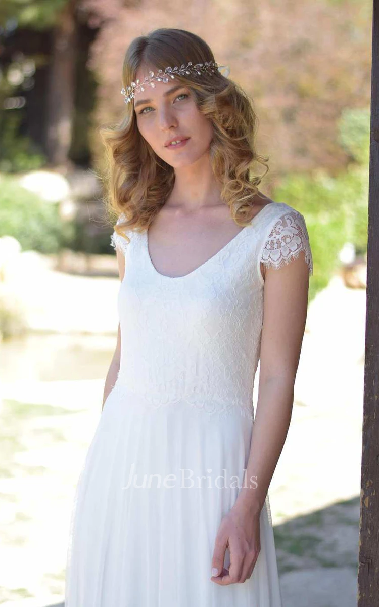 V-Neck Short Sleeve Chiffon Floor-Length Wedding Dress With Lace