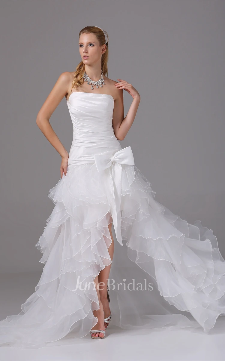 Strapless High-Low Ruffled Dress with Ruching and Bow