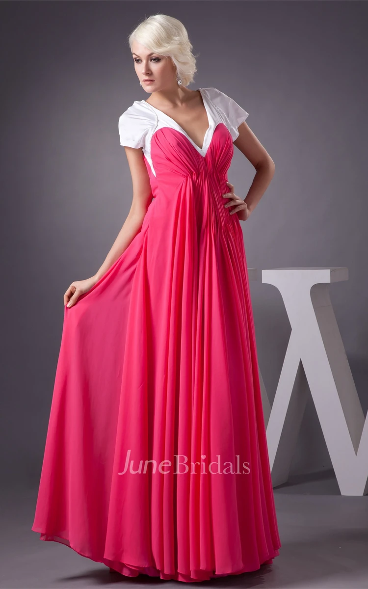 Plunged Short-Sleeve A-Line Gown with Pleats