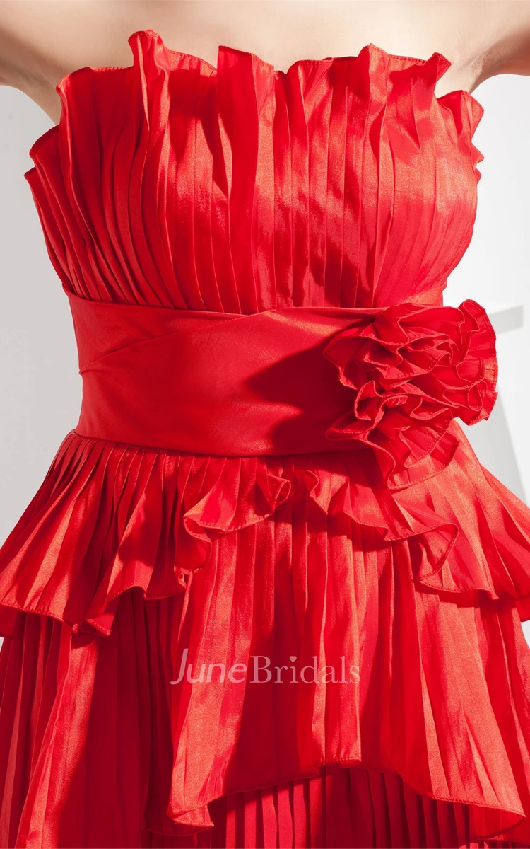 Flamboyant Strapless Tiered Dress with Pleats and Flower