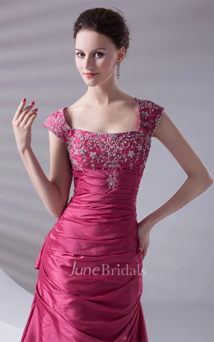 Caped-Sleeve Taffeta Pick-Up A-Line Gown with Embroideries