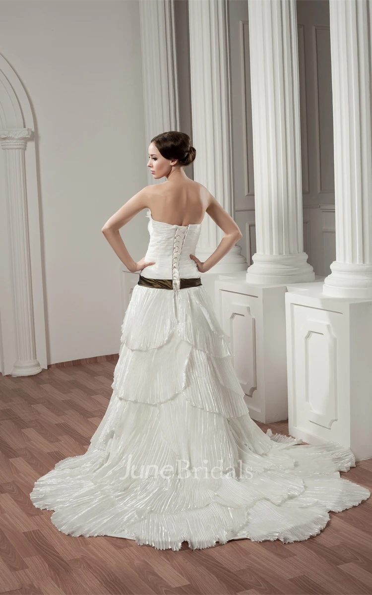 Strapless Ruched A-Line Gown with Tiers and Ribbon