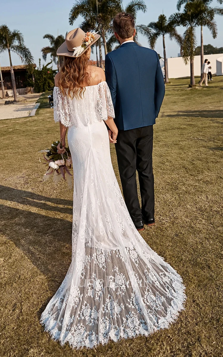 Summer Beach Boho Lace Mermaid Off the Shoulder Wedding Dress Country Floral Backless Strapless Bridal Gown