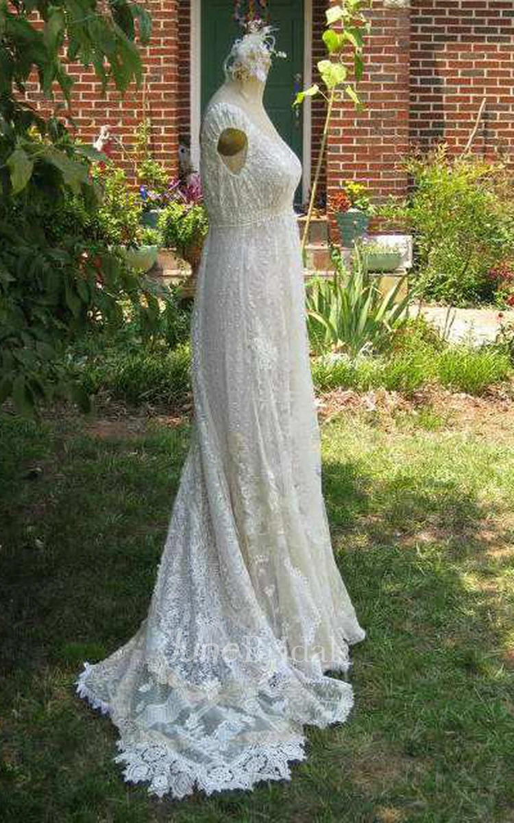Cap-Sleeve Deep-V-Neck Vintage Lace Wedding Dress With Flower And Sweep Train