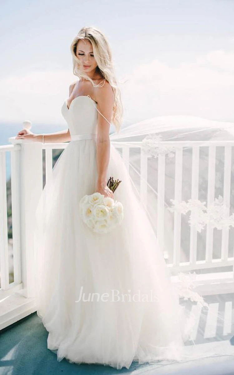 Modest Modern Beach A-Line Sweetheart Tulle Wedding Dress Elegant Western Spaghetti Strap Solid Long Bridal Gown