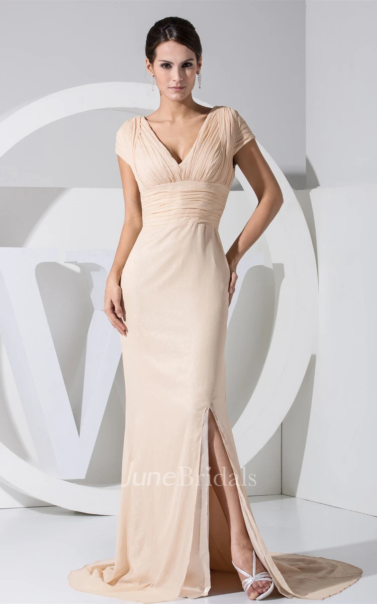 Plunged Caped-Sleeve Mermaid Dress with Front Slit and Ruched Waist