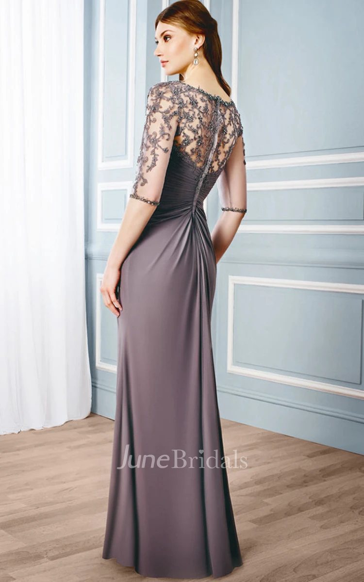 Sheath Floor-Length Ruched Bateau Neck Half Sleeve Chiffon Formal Dress