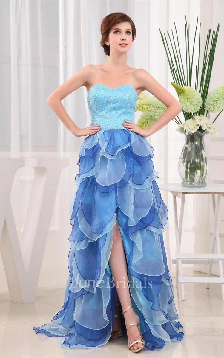 Two-Tone Sweetheart Front-Split Dress with Tiers and Corset Back