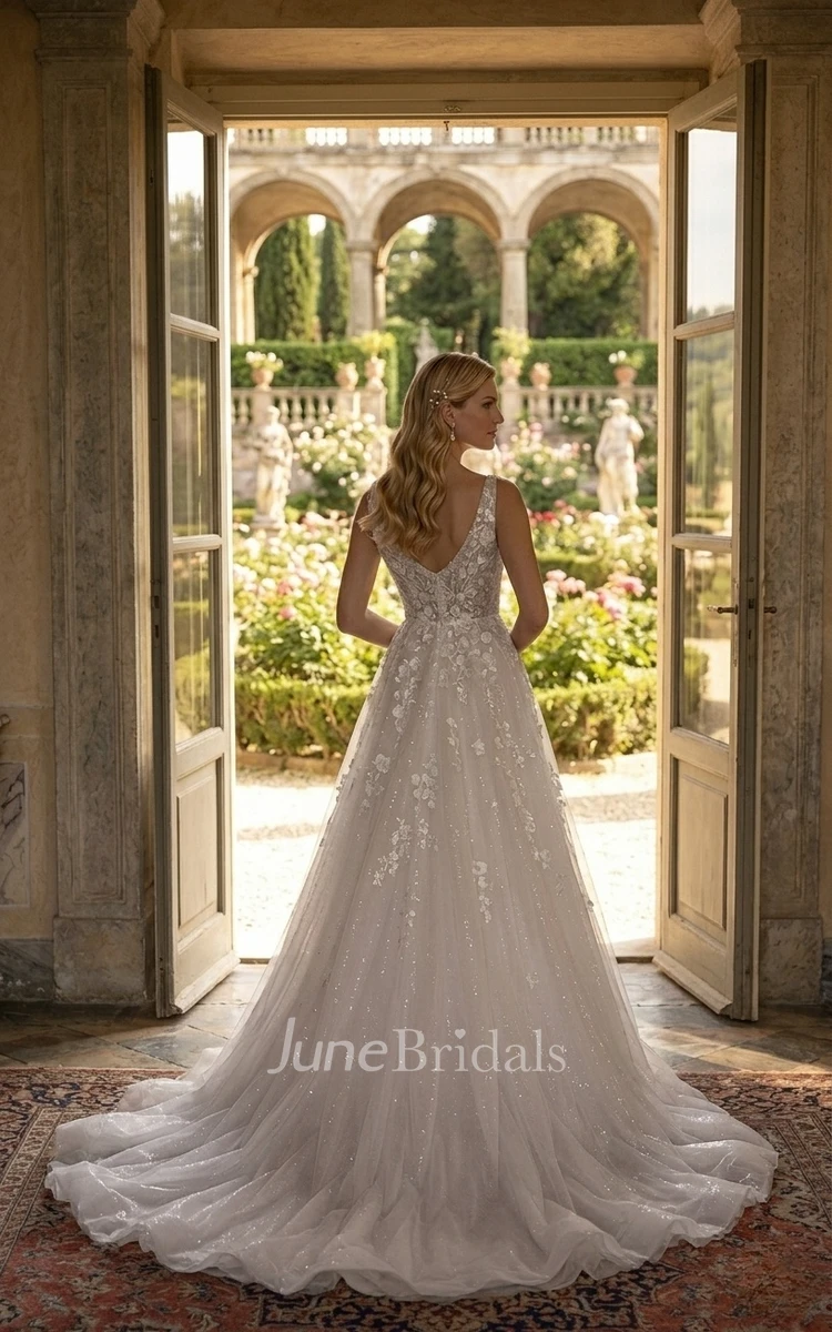 Modern Ethereal A-Line Boho Beaded Appliques Spring Wedding Dress Floral Princess Wide Spaghetti Strap V-Neck Tulle Bridal Gown with Train