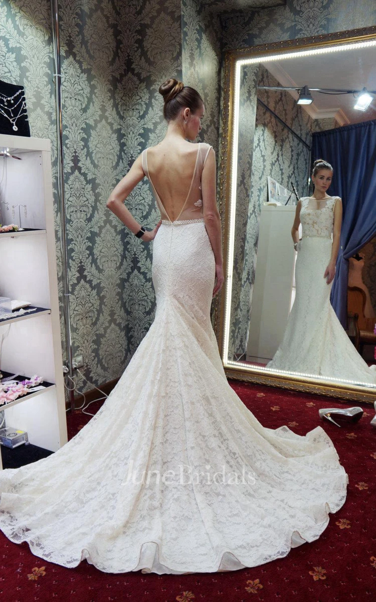 Jewel Neck Mermaid Lace Wedding Dress With Beading and Long Tail