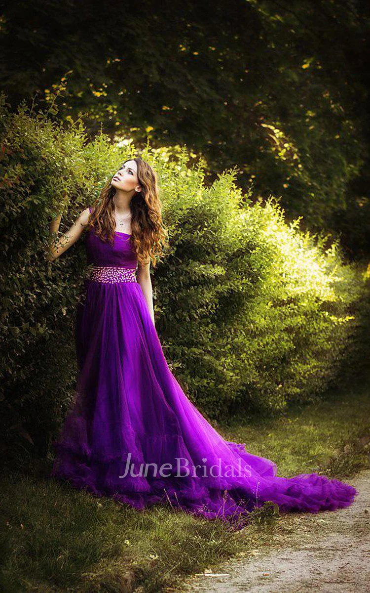 Glamorous One Shoulder Purple Tulle Prom Dress New Fashion Cloud Wedding Gown