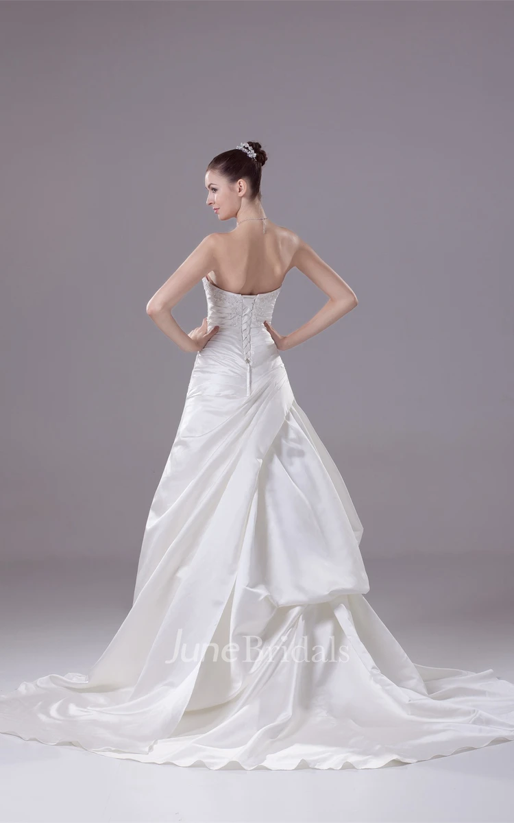 Sweetheart A-Line Beaded Ruched Satin Gown with Beadings and Ruffles