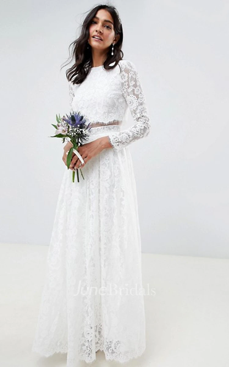 Simple Lace Two Piece Jewel-neck Long Sleeve Wedding Dress