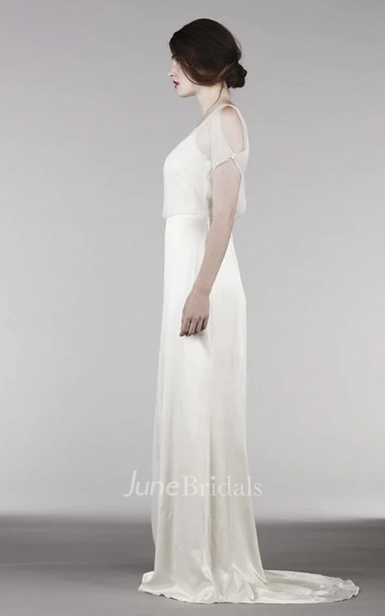 Short Sleeve Elegant Wedding Gown With Illusion Top And Keyholes For Shoulder And Back