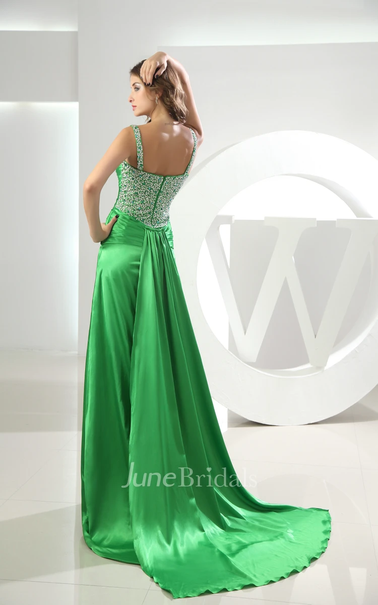 Sleeveless Satin Front-Split Dress With Beaded and Ruched Bodice
