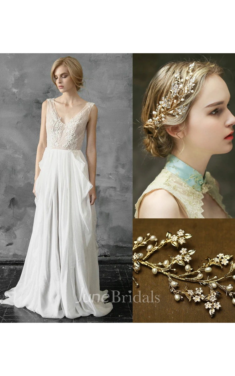Sleeveless Chiffon Pick Up Wedding Dress and Handmade Pearl Flower Hair Band