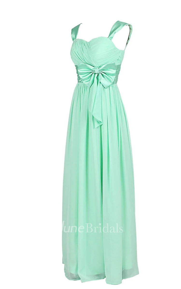 Straps Sweetheart Ruched Chiffon A-line Dress With Bow