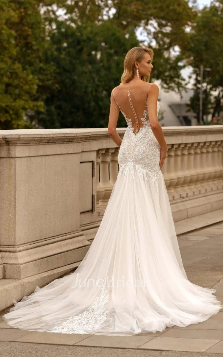 See Through Beaded Beach Destination Wedding Dress Illusion Neckline Corset  Low Back Champagne Tulle