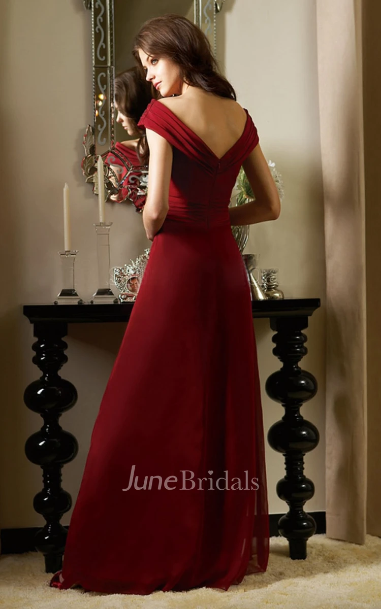 Ruched Off-The-Shoulder Bridesmaid Dress with Low V-Back Long
