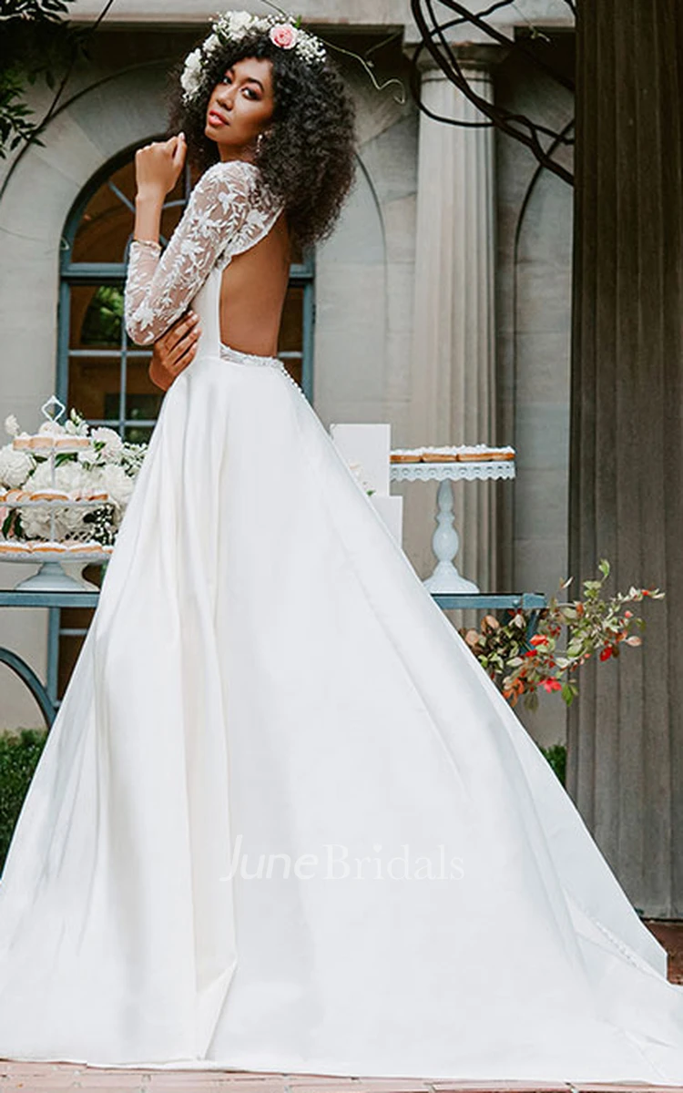 Romantic Jewel 3/4 Length Sleeve Brush Train Satin A Line Wedding Dress with Ruching